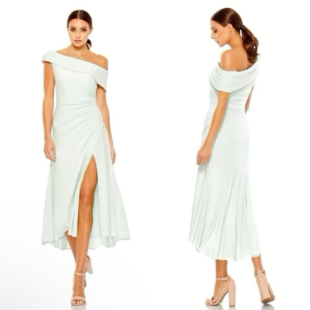 Mac Duggal Off-Shoulder Light Blue Midi Dress